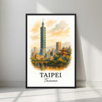 Framed art print of the Taipei 101 skyscraper and a traditional Taiwanese temple in a sleek black Ayous wood frame. Ideal for luxury Far East city decor.