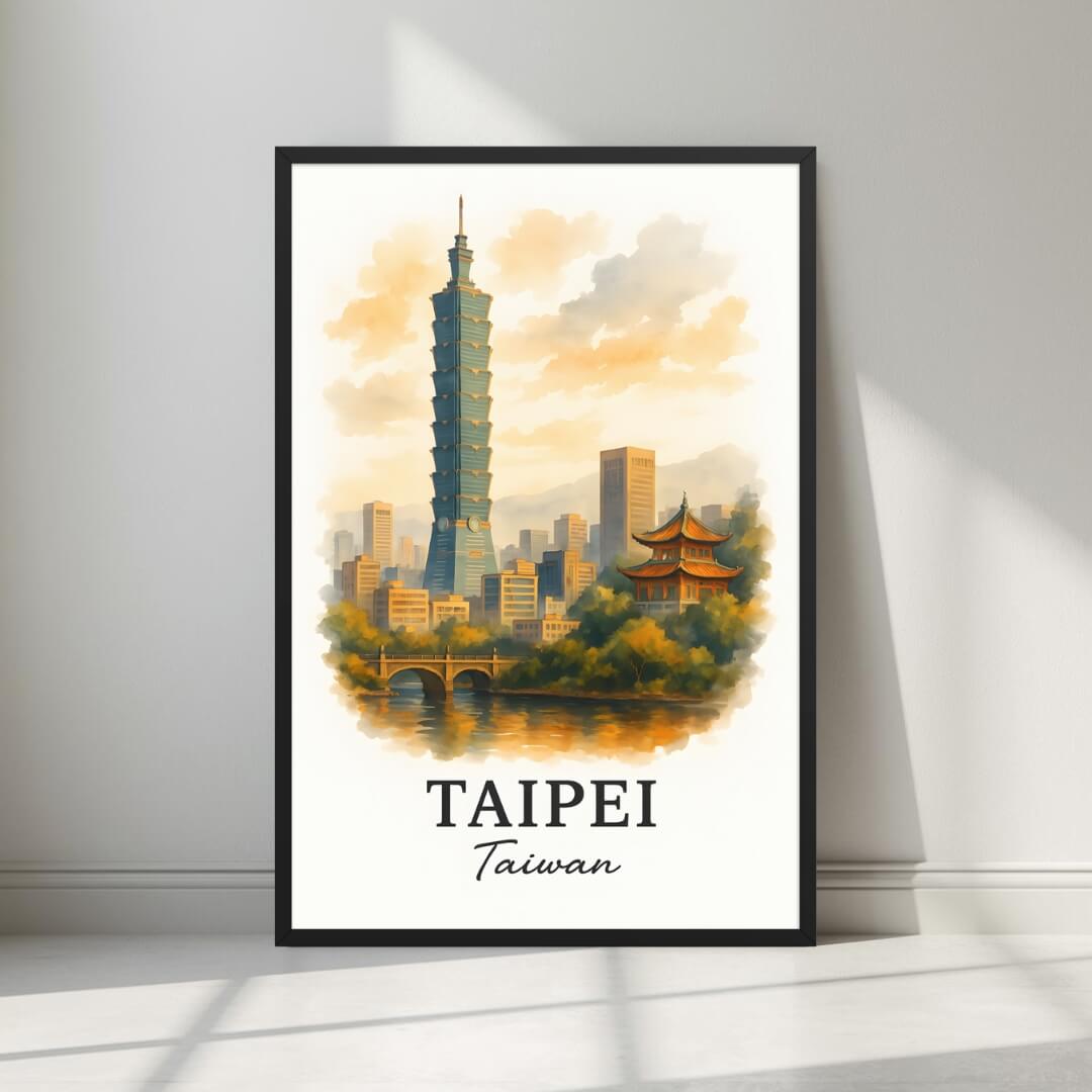 Framed art print of the Taipei 101 skyscraper and a traditional Taiwanese temple in a sleek black Ayous wood frame. Ideal for luxury Far East city decor.