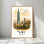 Framed Taipei print displayed as part of a curated gallery wall in a contemporary home. Shows how the art complements other luxury decor pieces.