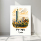 Watercolor-style Taipei city print in a minimalist white frame. Captures the fusion of modern Taiwan architecture and historical landmarks.