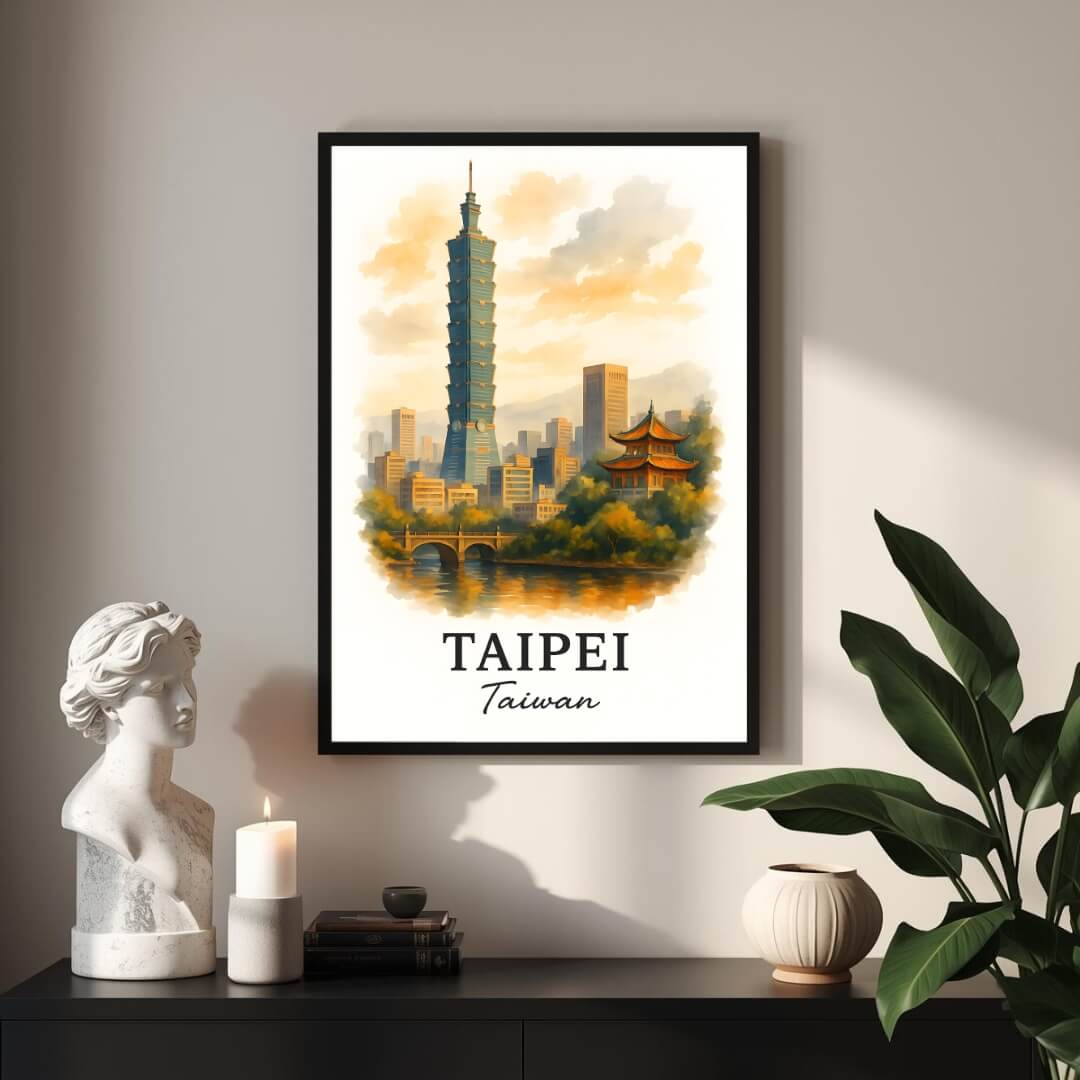 Angled shot of the framed Taipei print with a tag, promoting it as an ideal unique travel gift for architecture and Asia enthusiasts.