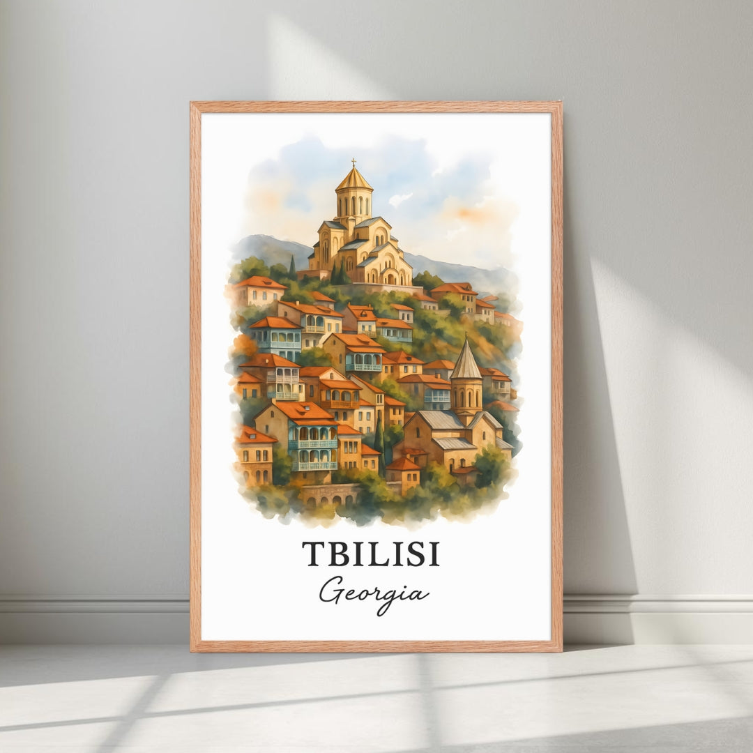 Framed art print of the Georgian Old Town in a Red Oak wood frame. Highlights the warm tones and unique historical architecture.