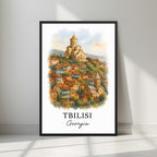 Framed art print of the beautiful Tbilisi Old Town cityscape in a sleek black Ayous wood frame. Ideal for luxury Eurasian or Caucasus travel decor.