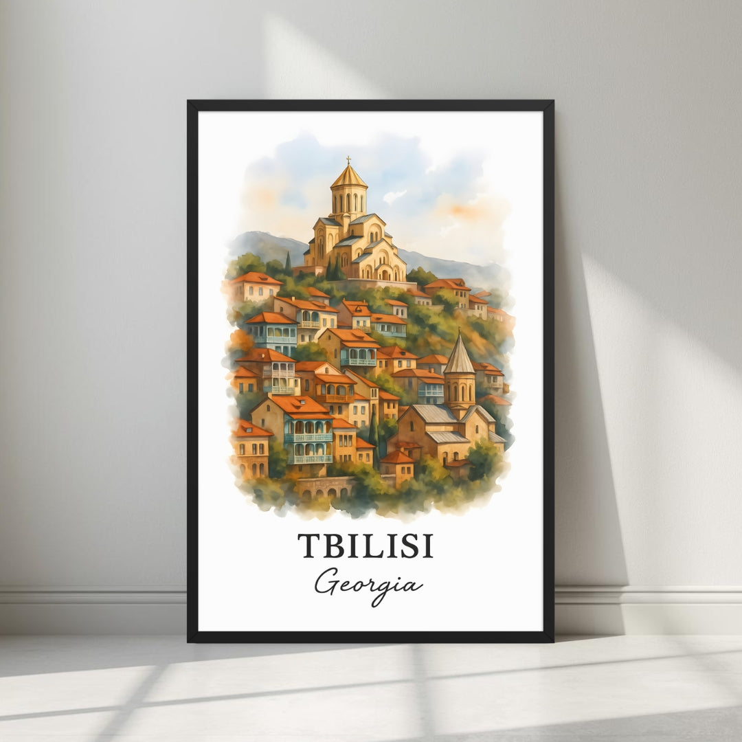 Framed art print of the beautiful Tbilisi Old Town cityscape in a sleek black Ayous wood frame. Ideal for luxury Eurasian or Caucasus travel decor.