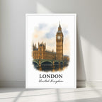 Watercolor-style print of the stately London landmark and bridge over the Thames in a minimalist white frame. Captures the architectural grandeur of the city.