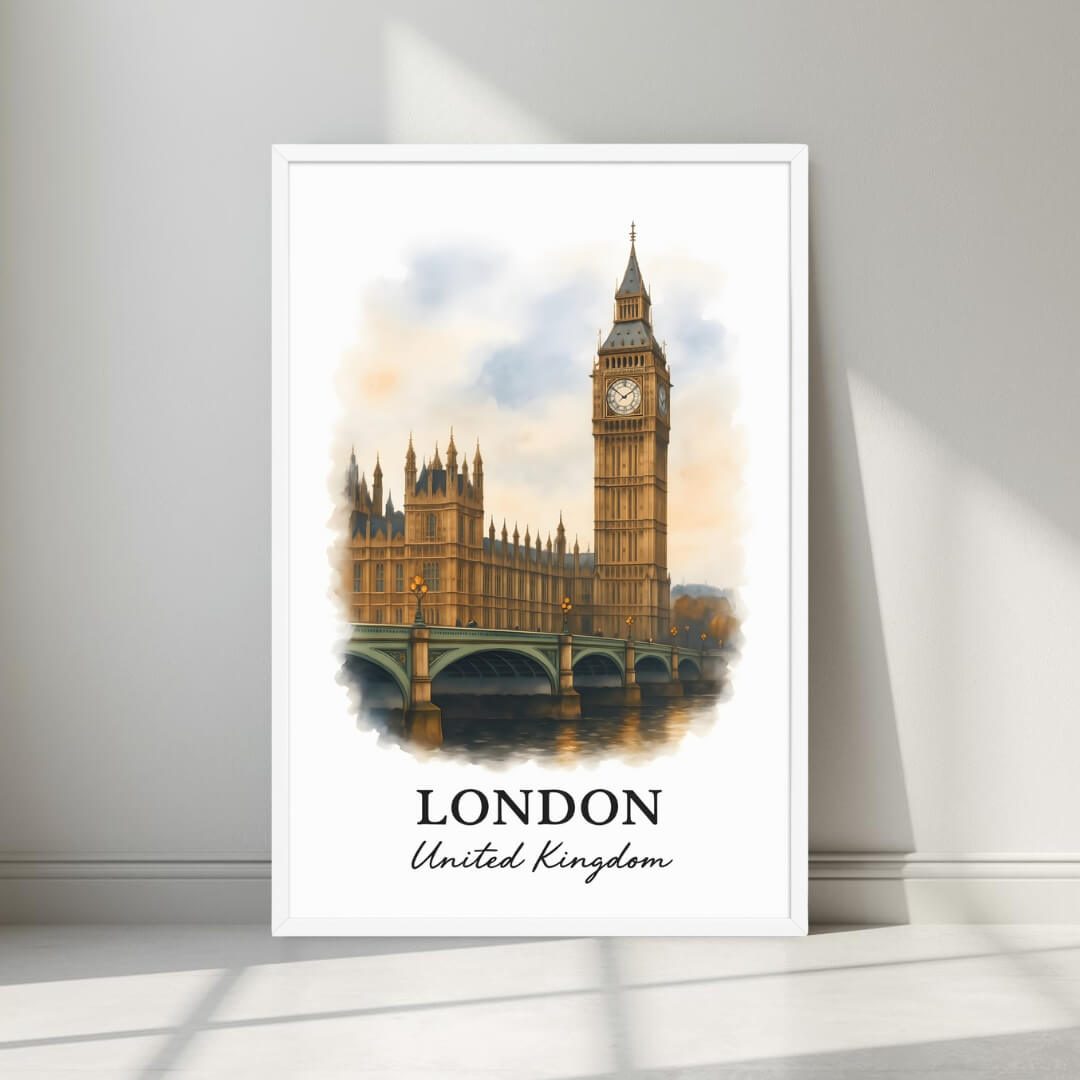 Watercolor-style print of the stately London landmark and bridge over the Thames in a minimalist white frame. Captures the architectural grandeur of the city.