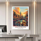 A framed poster decorating a bedroom wall, creating a serene and stylish focal point in the room.