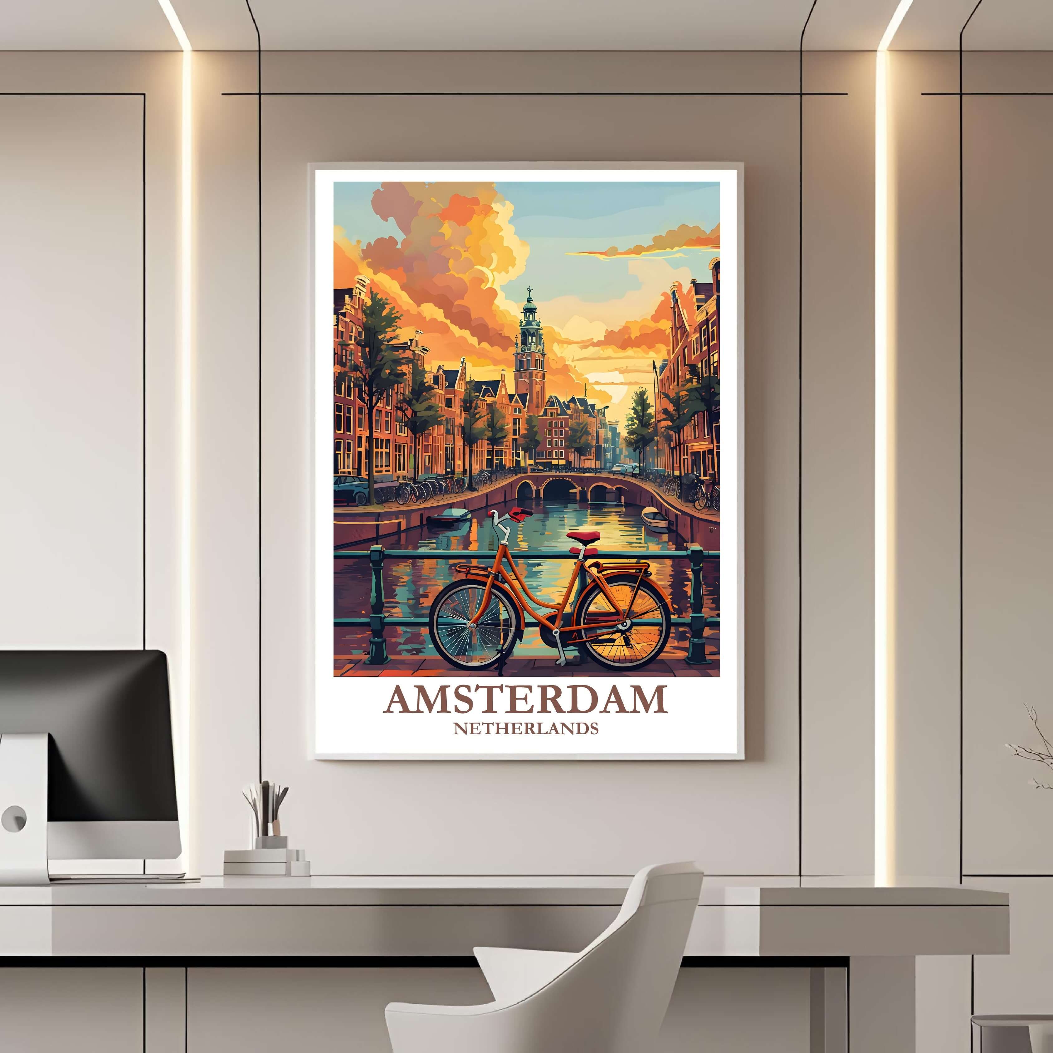 A framed poster decorating a bedroom wall, creating a serene and stylish focal point in the room.