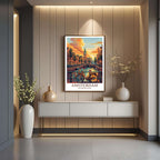 A framed art print of a city or landscape hanging above a desk in a modern home office space, adding an element of inspiration.