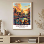 An urban-themed framed poster with a black or white frame, placed in a stylish office or den.