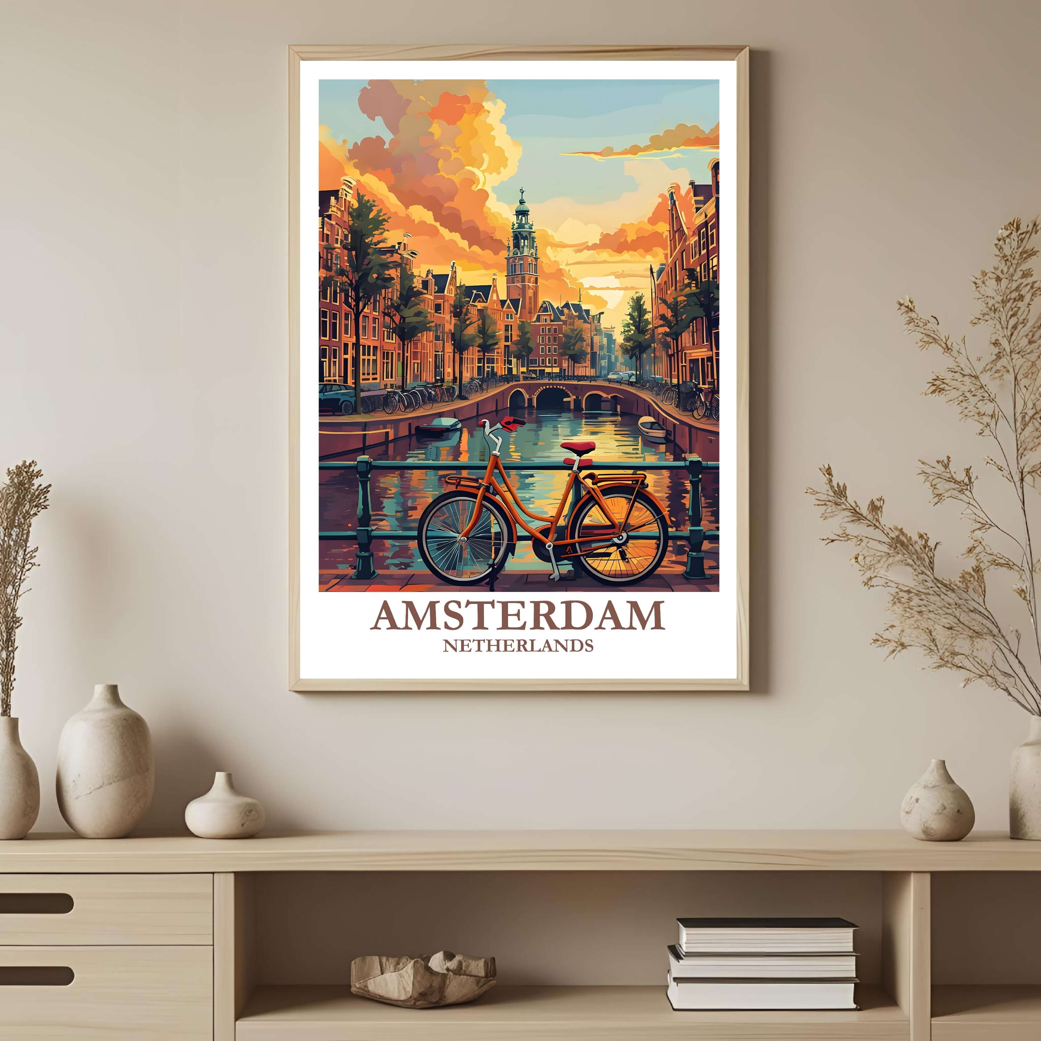 An urban-themed framed poster with a black or white frame, placed in a stylish office or den.