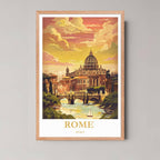 A framed illustration of the Rome scene with a rustic red oak wood frame, highlighting the warm sunset clouds and historic architecture.