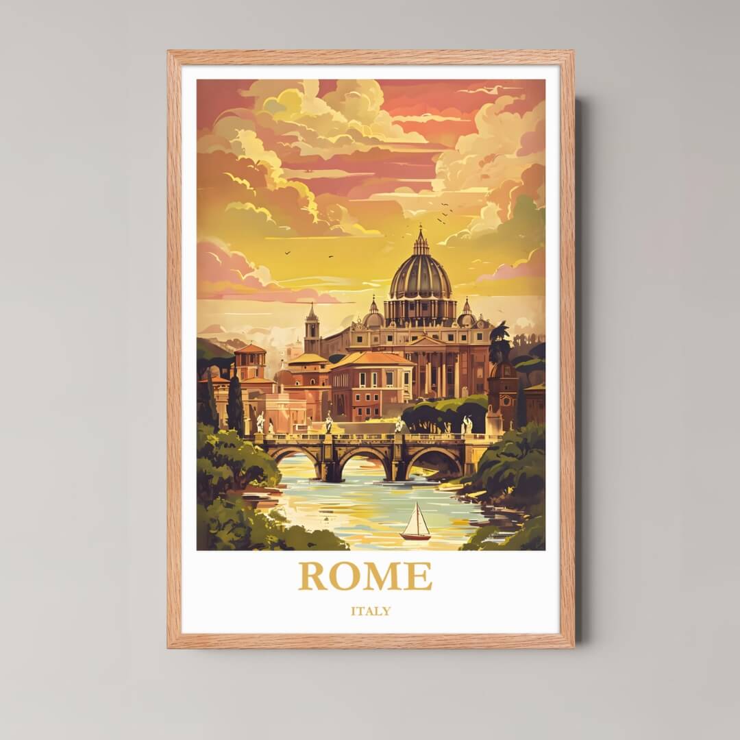 A framed illustration of the Rome scene with a rustic red oak wood frame, highlighting the warm sunset clouds and historic architecture.