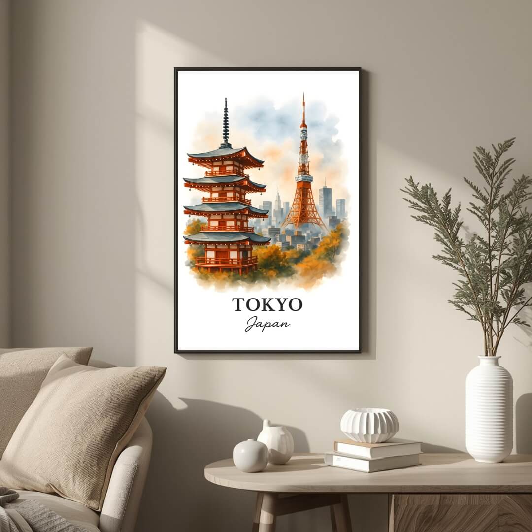 Large framed Tokyo print (Pagoda & Tower) hung above a sleek, minimalist sofa in a contemporary living room. Functions as the focal point of the luxury home decor.