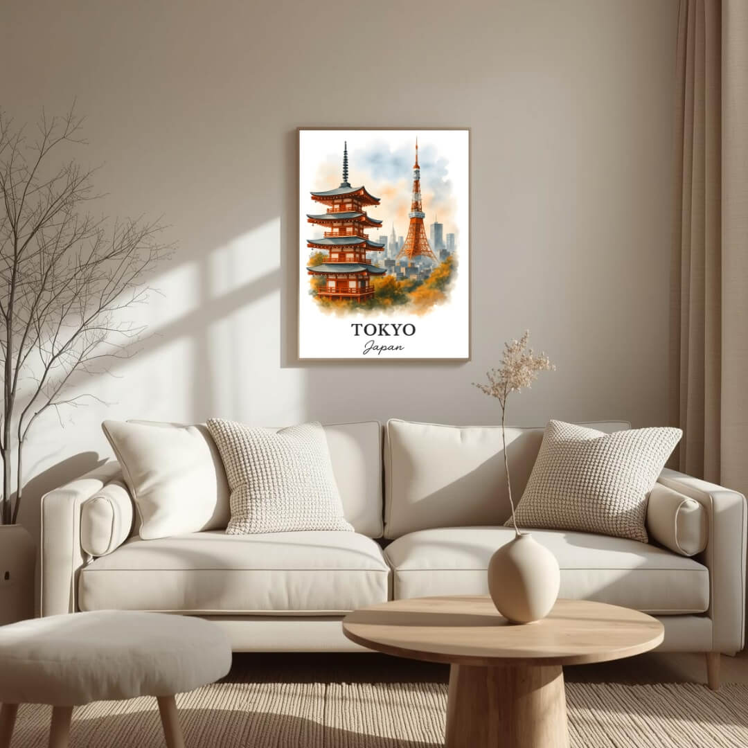 Full-scale view of the framed Tokyo print leaning against a clean white wall next to a small plant, showing the relative size and impact of the artwork.