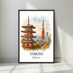 Framed art print of Tokyo showing the traditional temple pagoda and the modern Tokyo Tower skyline in a classic black Ayous wood frame. Ideal for luxury wall décor.