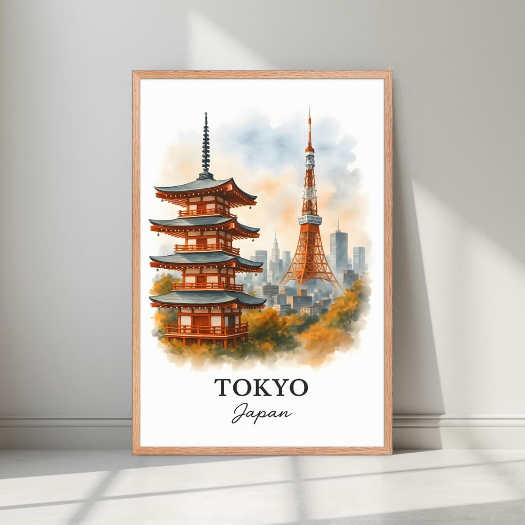 Framed print of the Tokyo panorama with a subtle Red Oak wood finish. Highlights the artwork's warm, autumnal colors and the luxury, natural aesthetic.