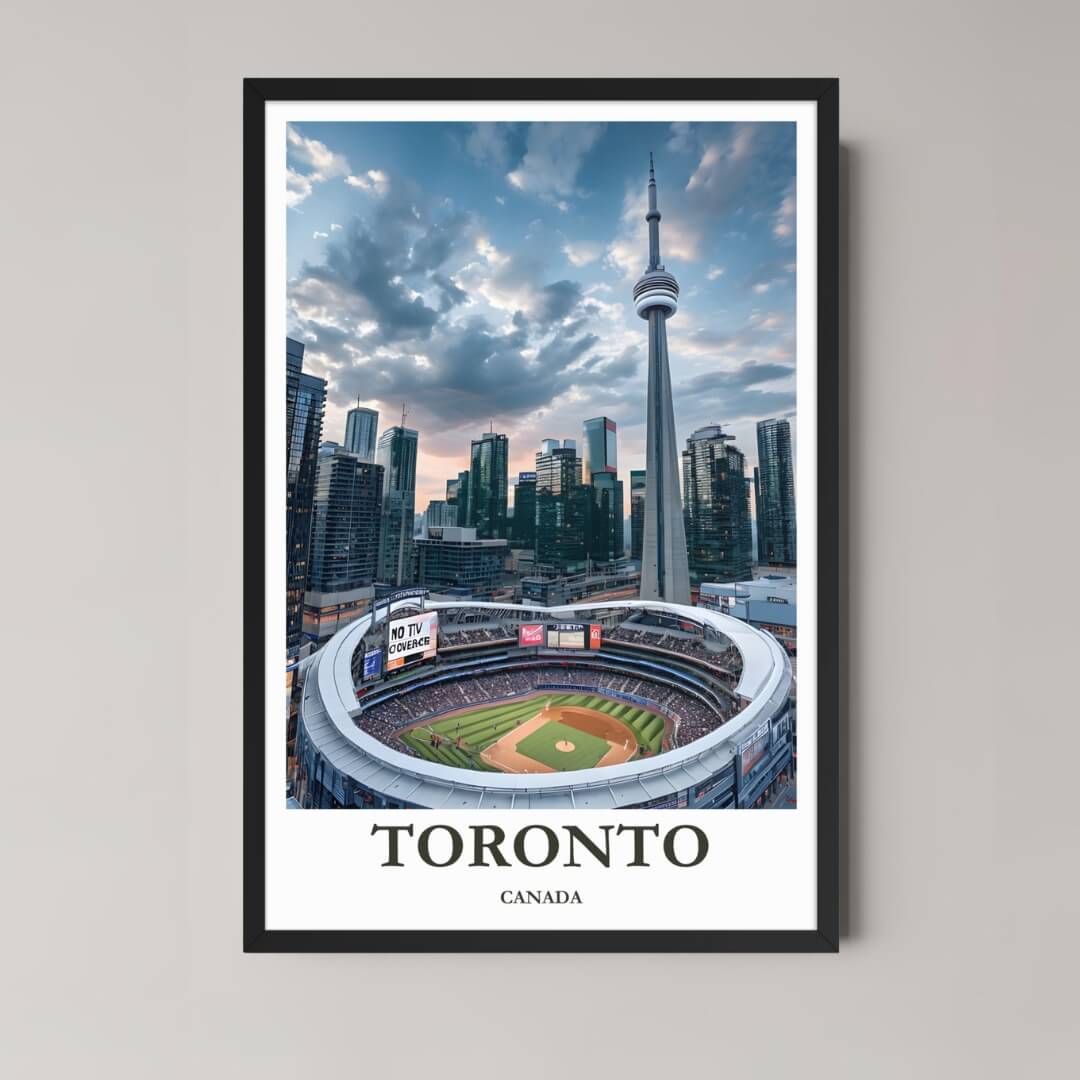 A framed, high-quality photo print of the Toronto skyline featuring the CN Tower and waterfront park under a bright, sunny sky, in a classic black frame