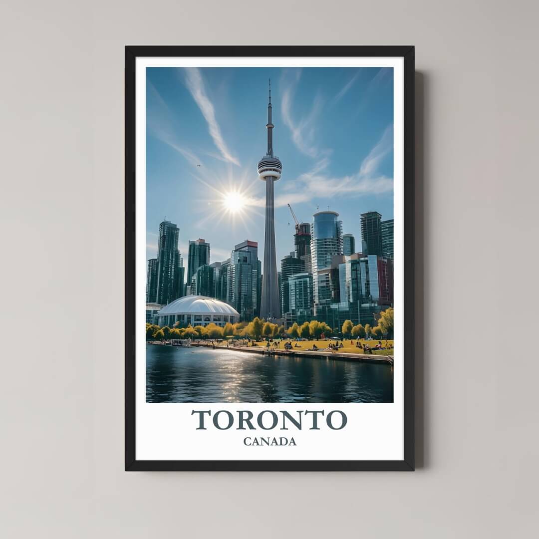  A framed photo of the Toronto skyline with a classic black frame, featuring the CN Tower, styled in a modern interior.