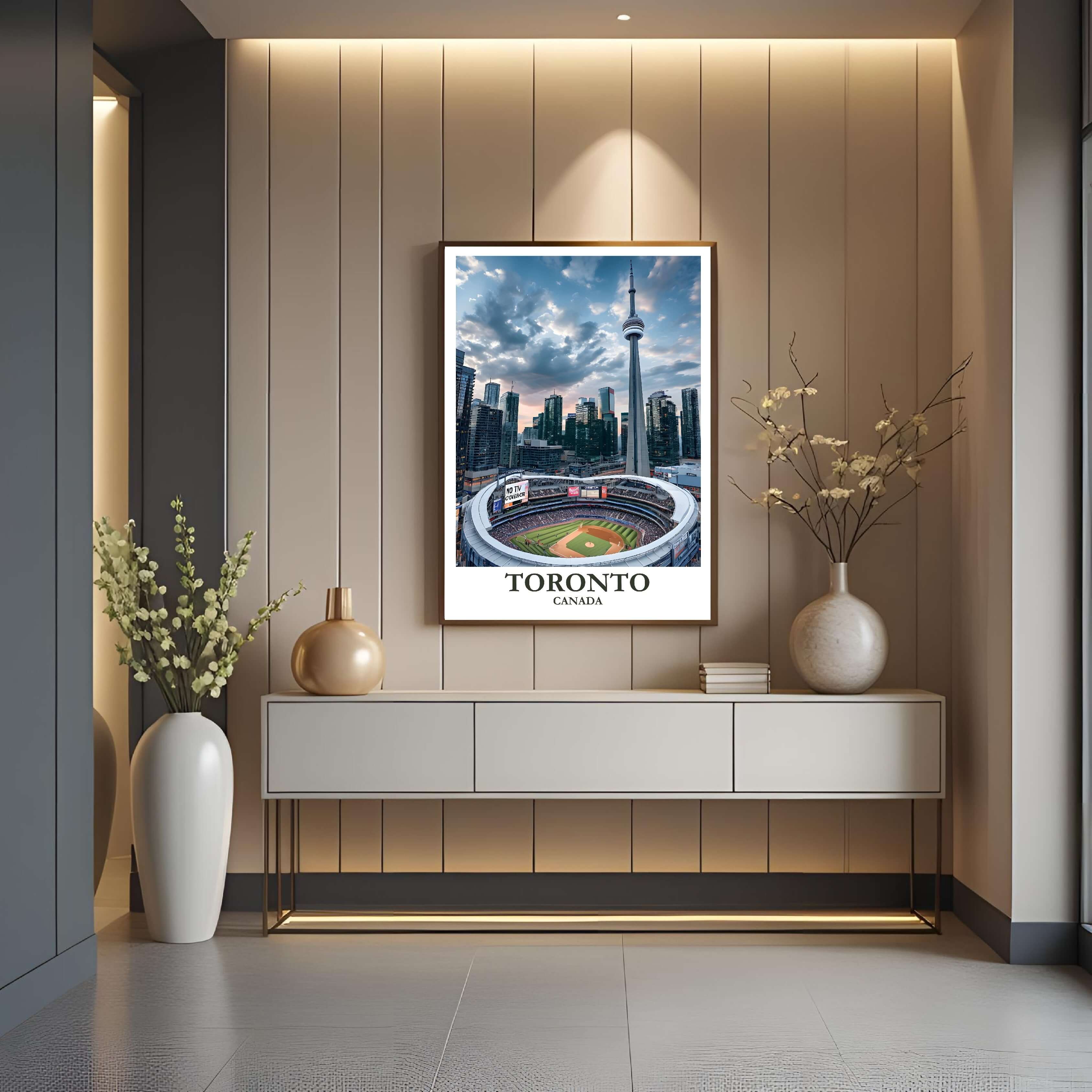 A framed art print depicting the panoramic view of the Toronto CN Tower and the Rogers Centre baseball stadium at dusk, capturing the city's sports scene.
