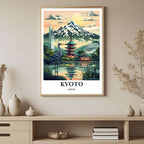 A framed art print depicting the serene, traditional Japanese landscape of Kyoto, styled to complement a sophisticated, calm interior.