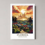 A framed illustration of the Florida landscape with a rustic red oak wood frame, highlighting the rich, warm sunset colors.