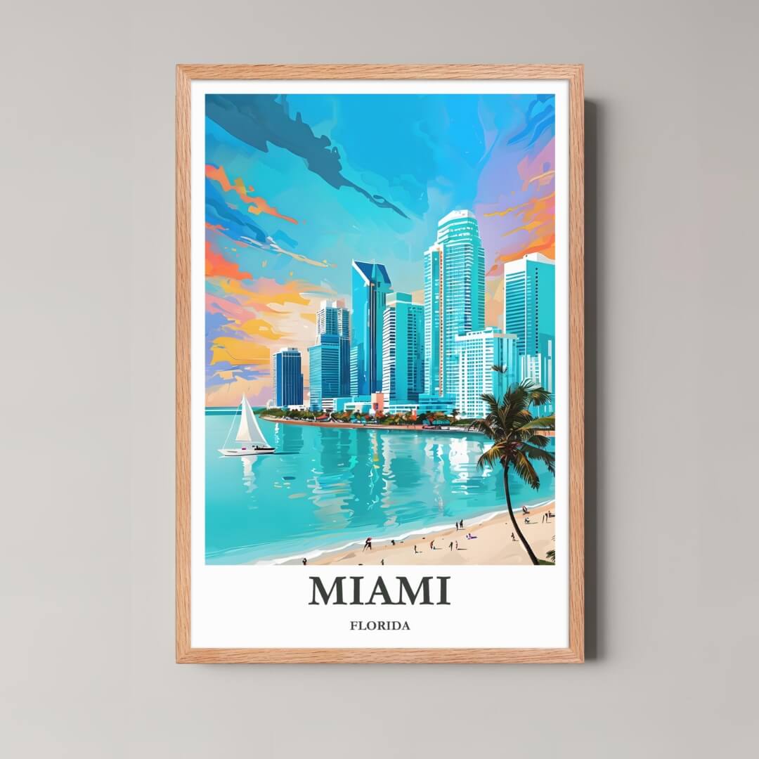 A framed illustration of the Miami scene with a rustic red oak wood frame, highlighting the colorful sunset and tropical elements.