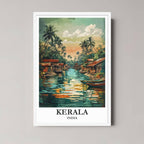 A framed illustration of the Kerala scene with a minimalist white frame, highlighting the lush green and warm sunset colors.