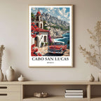 A framed art print depicting a vibrant street view in Cabo San Lucas, Mexico, styled to complement a light and resort-like interior.