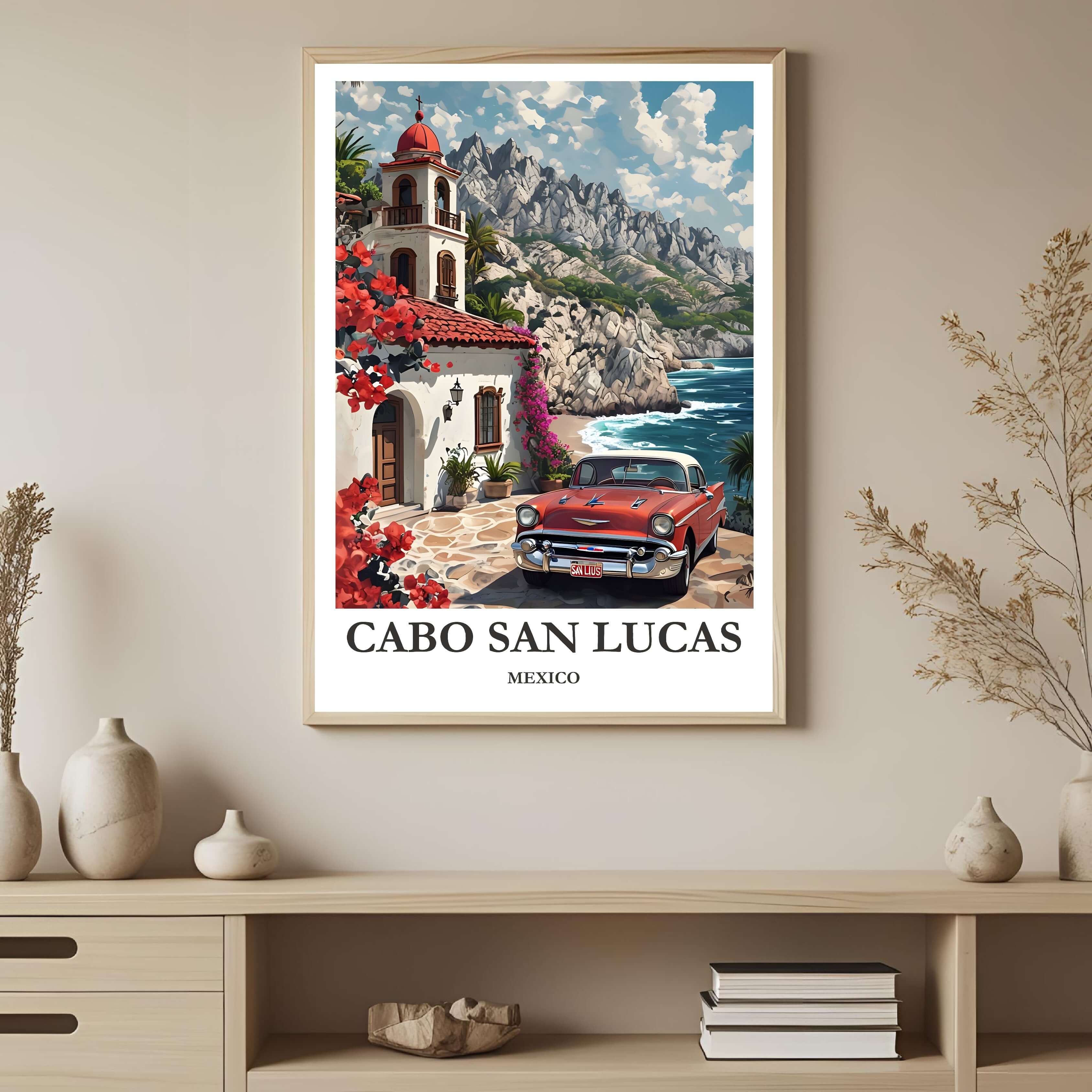 A framed art print depicting a vibrant street view in Cabo San Lucas, Mexico, styled to complement a light and resort-like interior.