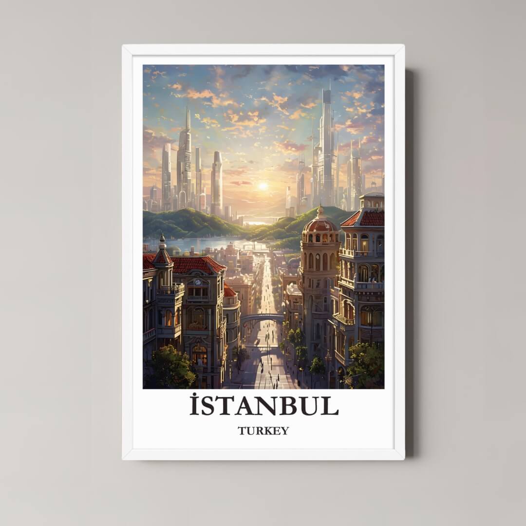 A framed art print of the Istanbul illustration with a minimalist white frame, ideal for a clean, cosmopolitan-themed room.