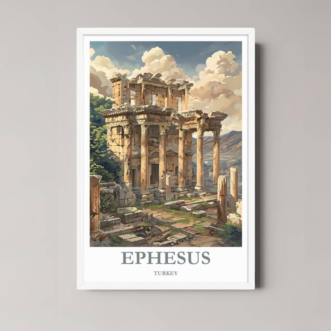 A framed art print of the Ephesus illustration with a minimalist white frame, perfect for a clean, historically-themed room.