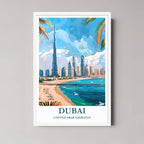 A framed art print of the Dubai illustration with a minimalist white frame, ideal for a clean, sophisticated, luxury-themed room.