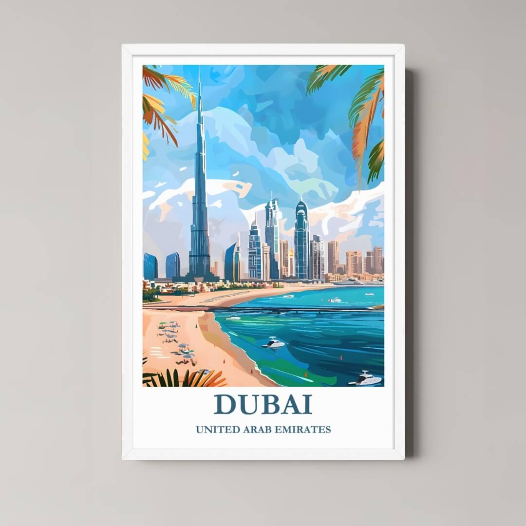 A framed art print of the Dubai illustration with a minimalist white frame, ideal for a clean, sophisticated, luxury-themed room.