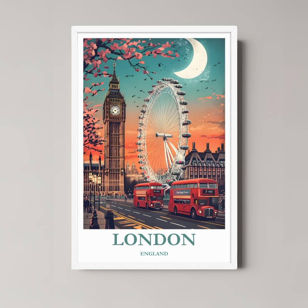 A framed art print of the London illustration with a minimalist white frame, ideal for a clean, cosmopolitan-themed room.