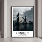 A framed art print of London's Tower Bridge with a classic black frame, adding a sleek and elegant touch to home decor.