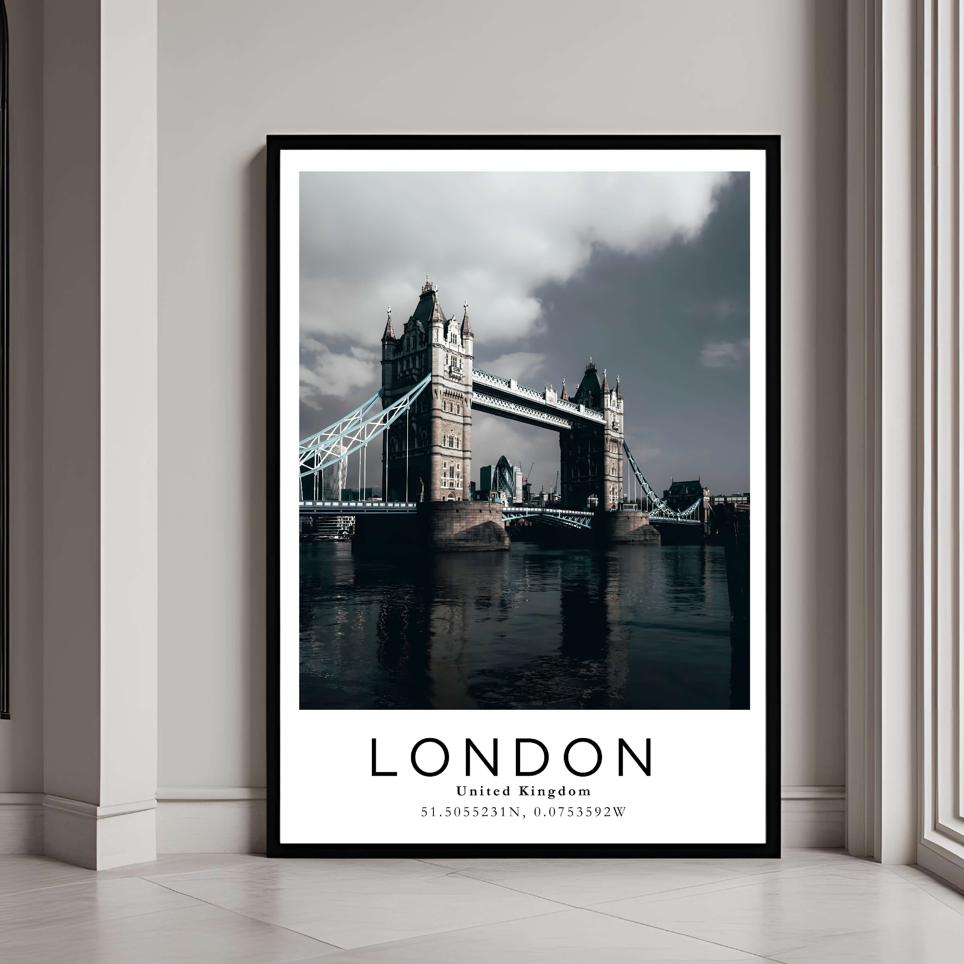 A framed art print of London's Tower Bridge with a classic black frame, adding a sleek and elegant touch to home decor.