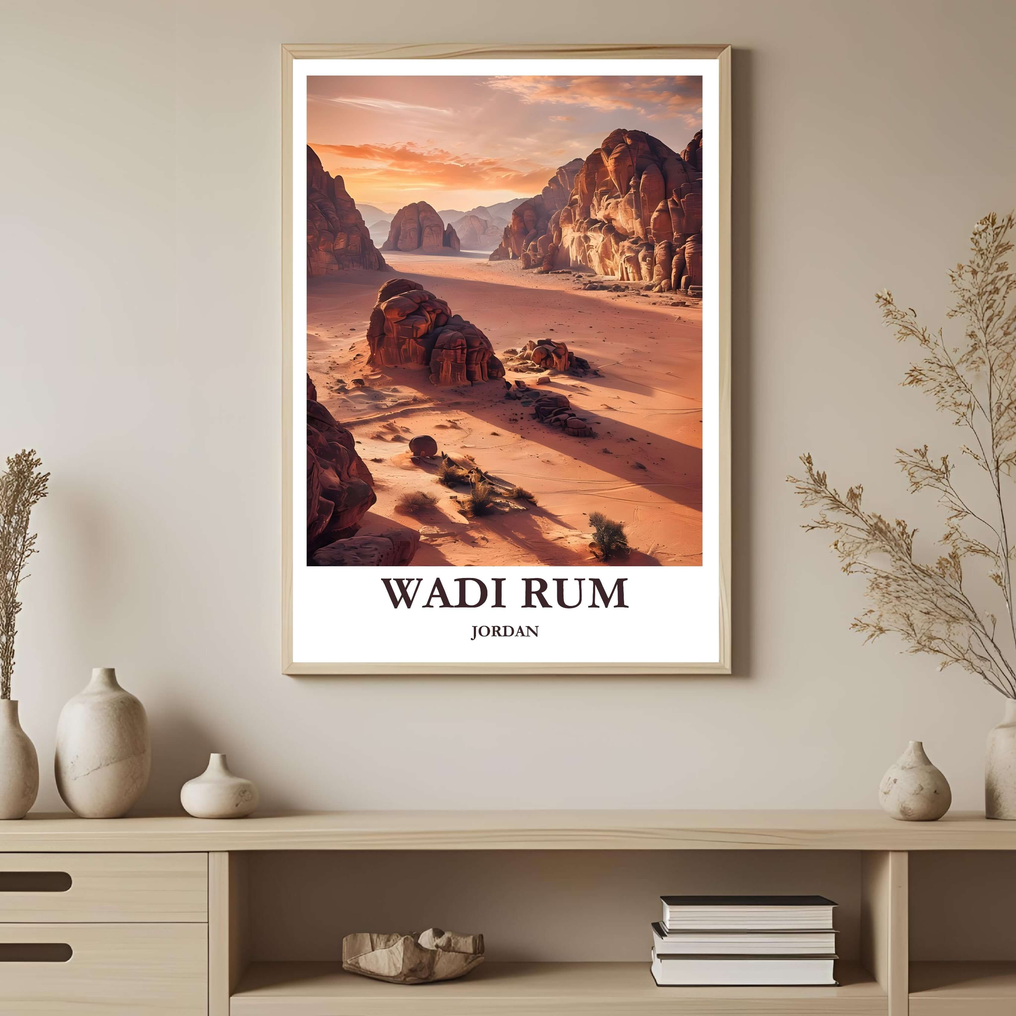 A framed, high-definition print of the Wadi Rum UNESCO site, capturing its unique geological features and cultural significance.