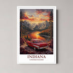 A framed art print of the Indiana illustration with a minimalist white frame, ideal for a clean, sophisticated adventure-themed room.