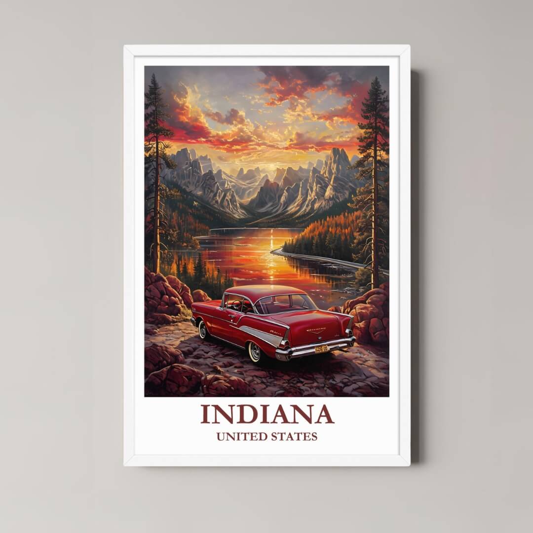 A framed art print of the Indiana illustration with a minimalist white frame, ideal for a clean, sophisticated adventure-themed room.