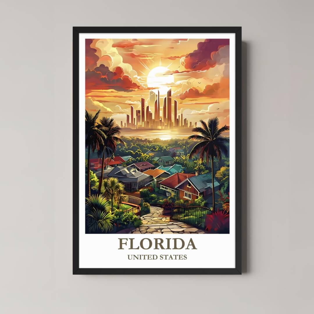 A framed art print of the Florida illustration with a classic black frame, ideal for a bold, modern look.