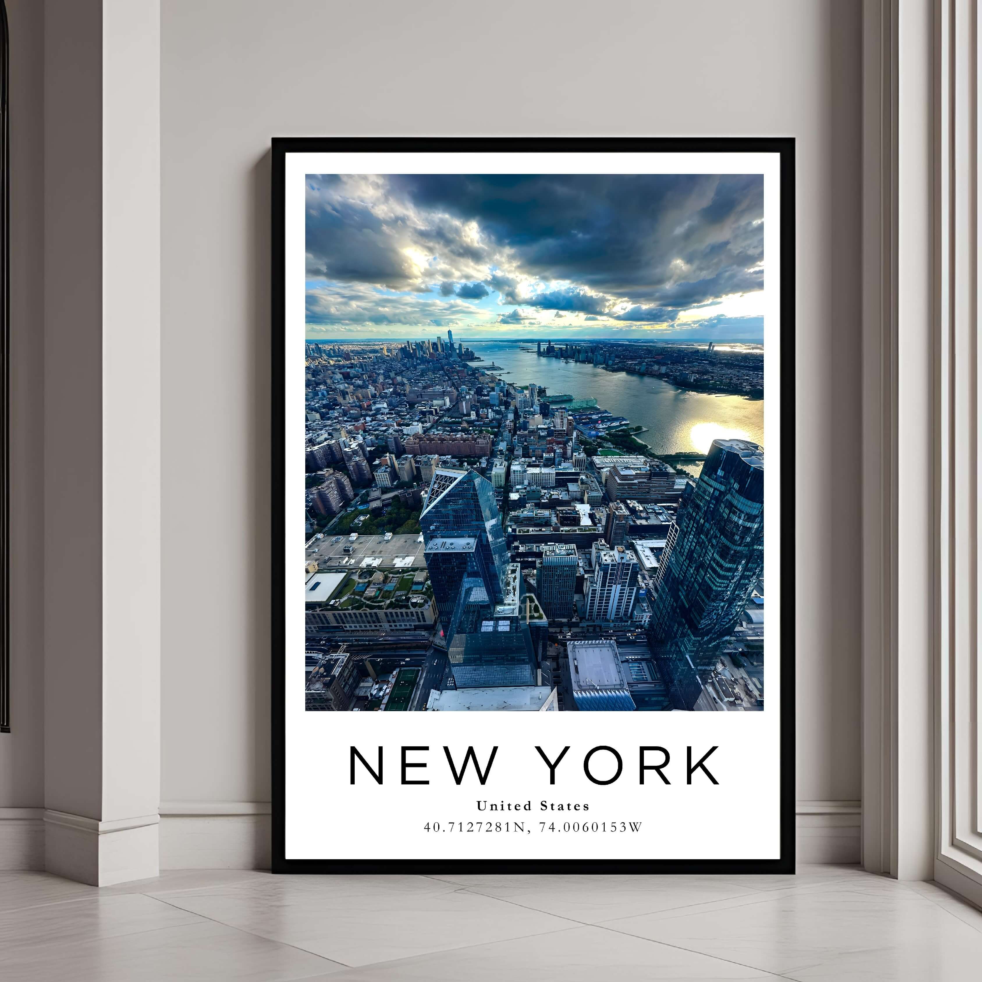 A framed art print of the New York skyline with a classic black frame, adding a sleek and elegant touch to home decor.