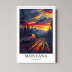 A framed art print of the Montana illustration with a minimalist white frame, ideal for a clean, adventure-themed room.