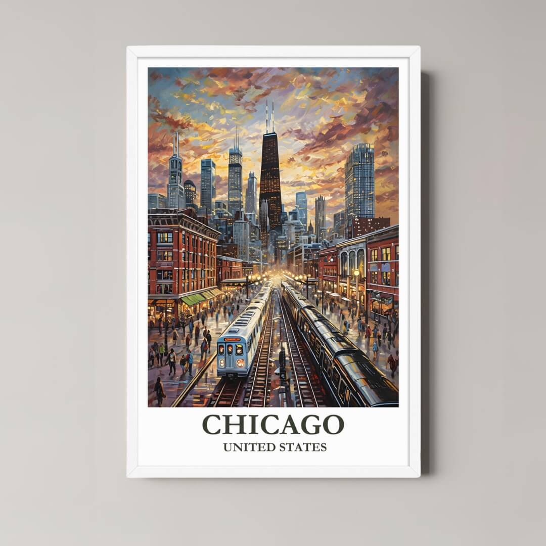 A framed art print of the Chicago illustration with a minimalist white frame, perfect for a clean, sophisticated urban-themed room.