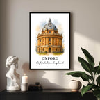 Angled shot of the framed Oxford print promoting it as an ideal luxury gift for university graduates and scholars.
