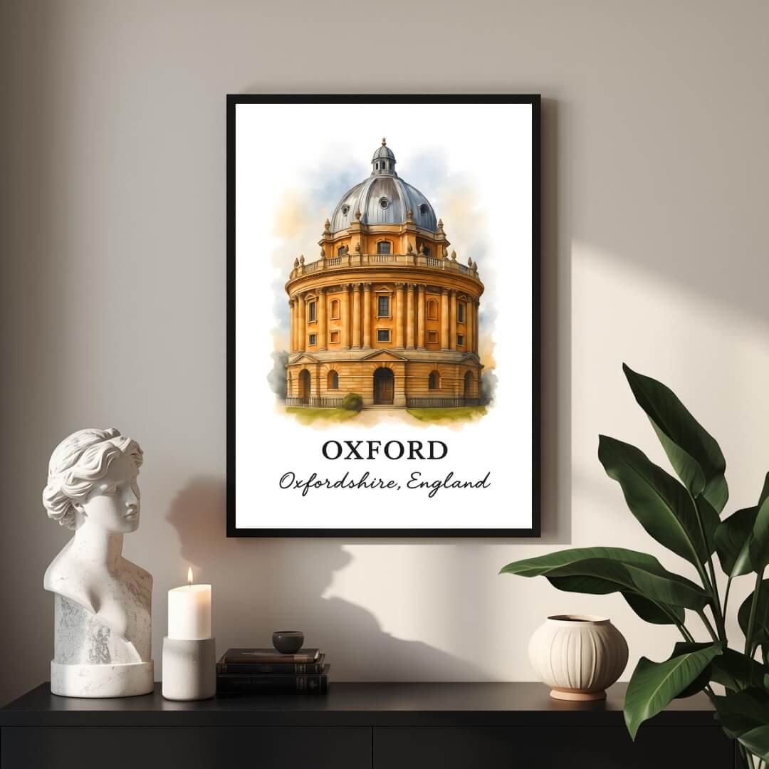 Angled shot of the framed Oxford print promoting it as an ideal luxury gift for university graduates and scholars.