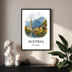 Angled shot of the framed Hallstatt print promoting it as an ideal luxury cultural gift for travel and nature lovers.