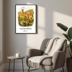Angled shot of the framed Catalonian print promoting it as an ideal luxury cultural gift for Spanish travel and history lovers.