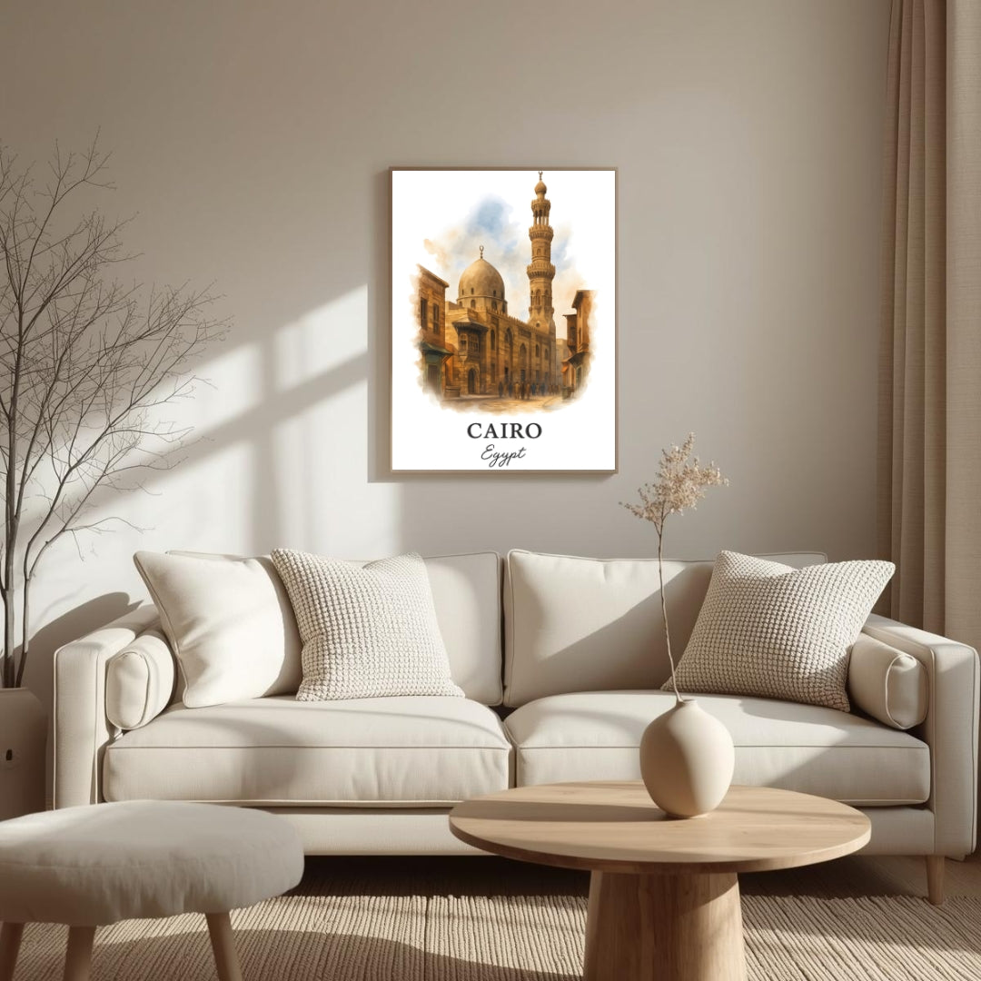 Angled shot of the framed Cairo print promoting it as an ideal luxury cultural gift for fans of Egyptian history and Islamic art.