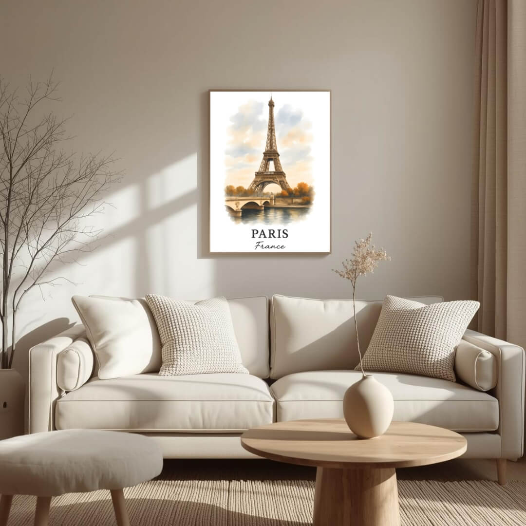 Angled shot of the framed Paris print promoting it as an ideal luxury cultural gift for French travel and romance lovers.